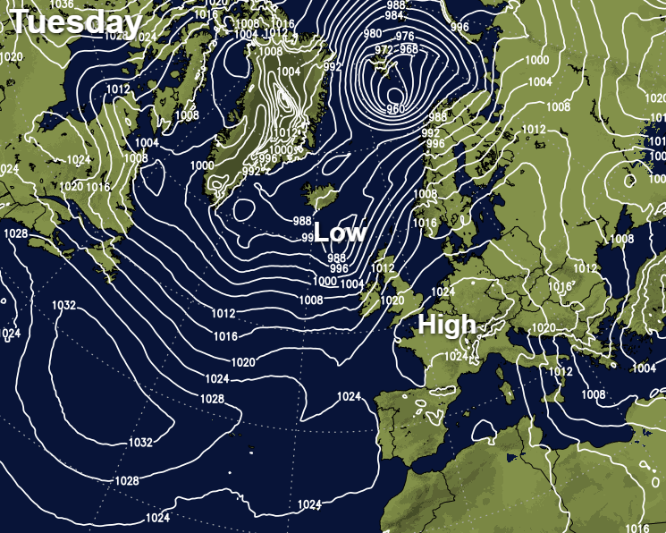 Pressure chart on Tuesday - high pressure to the south, low pressure to the northwest