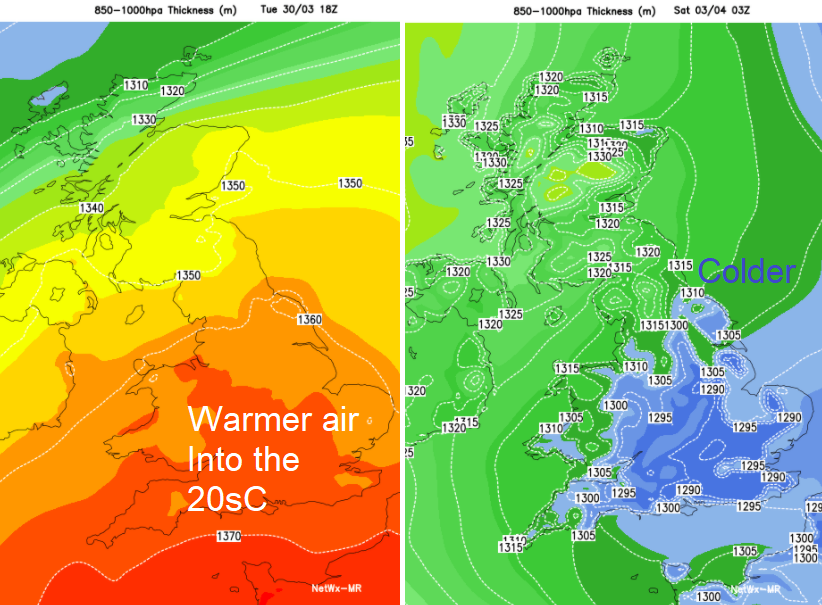 change in thickness, air type over UK this week