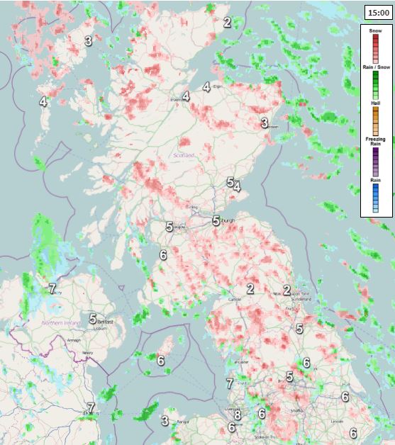 Radar showing the snow showers today