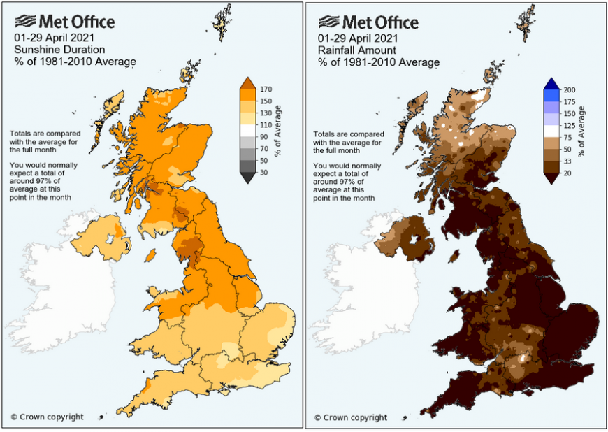 April 2021 UK sunshine and rainfall totals , very dry
