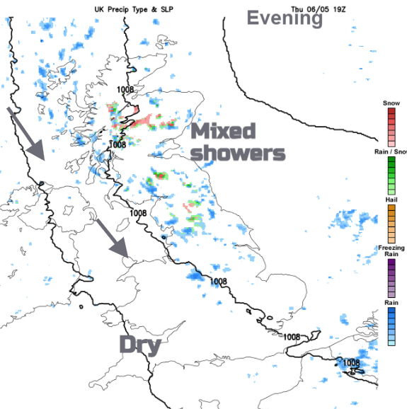 Wintry showers over Northern Britain on Thursday evening