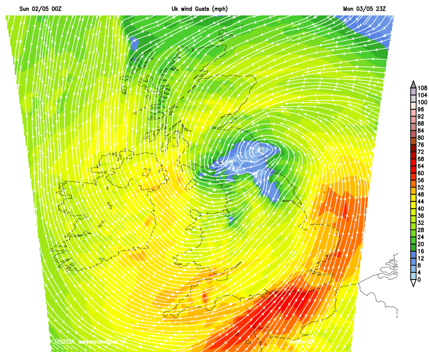 Winds strongest in southern and southeastern England later on Monday evening