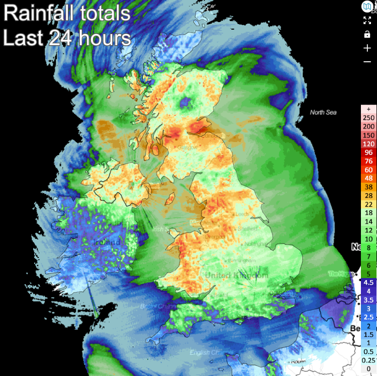 Rainfall totals over the last 24 hours