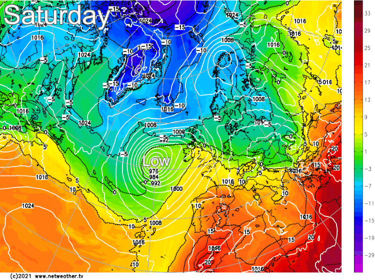 Low pressure to the west bringing rain but also warmer air up across the UK and Ireland from the southwest