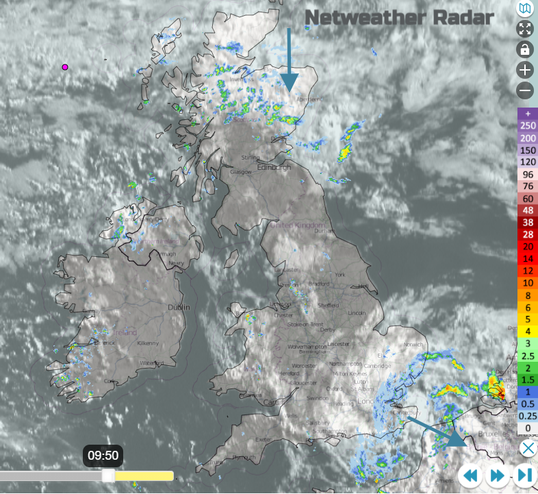 UK radar with cloud on visible satellite 
