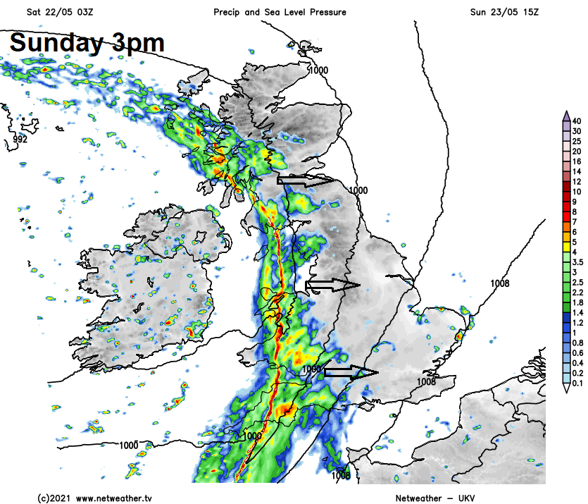 Rain moving in from the west on Sunday