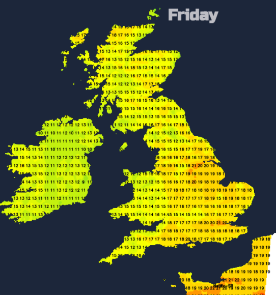 Friday UK temperatures