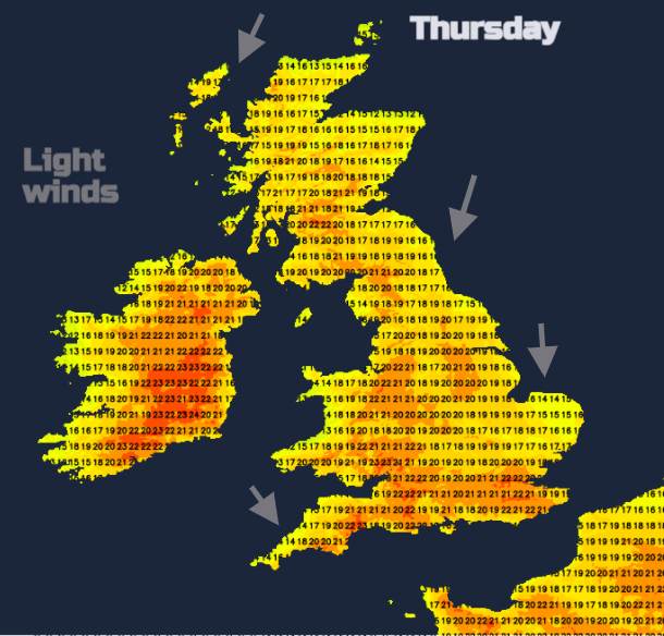 UK temperatures Thursday afternoon