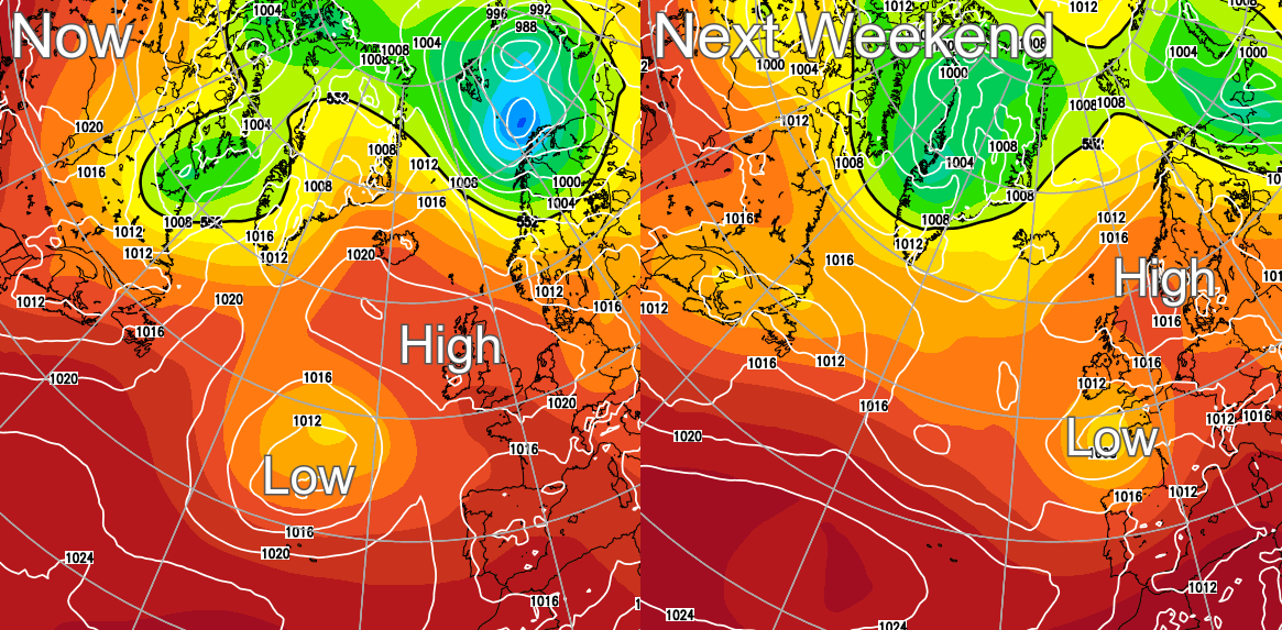 High pressure over the UK now, moving further away with low pressure arriving next weekend