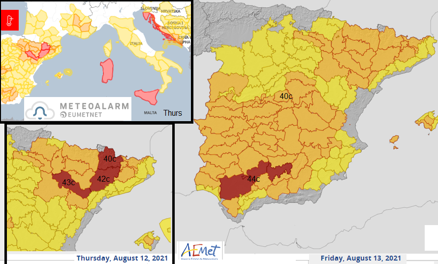 Heat temperature warnings Europe Spain