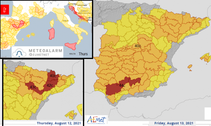 Heat temperature warnings Europe Spain