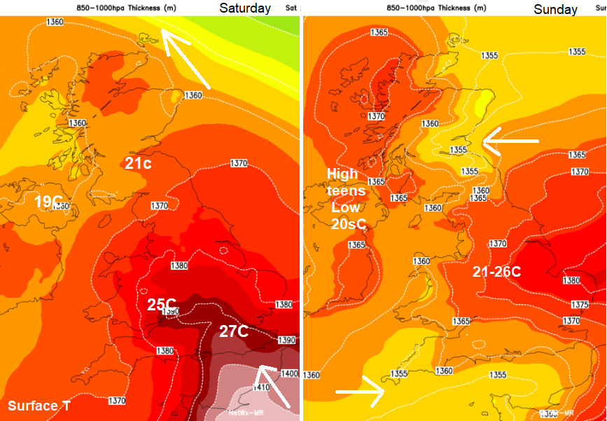 Temperature and thickness chart for UK weekend weather