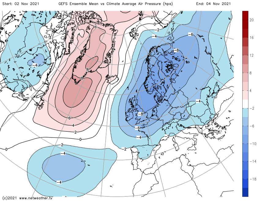 Low pressure extending further south by early November