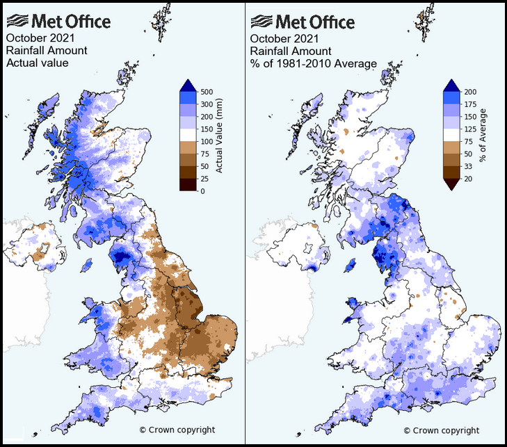 UK rainfall october 2021