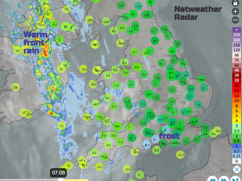 UK weather Monday morning radar