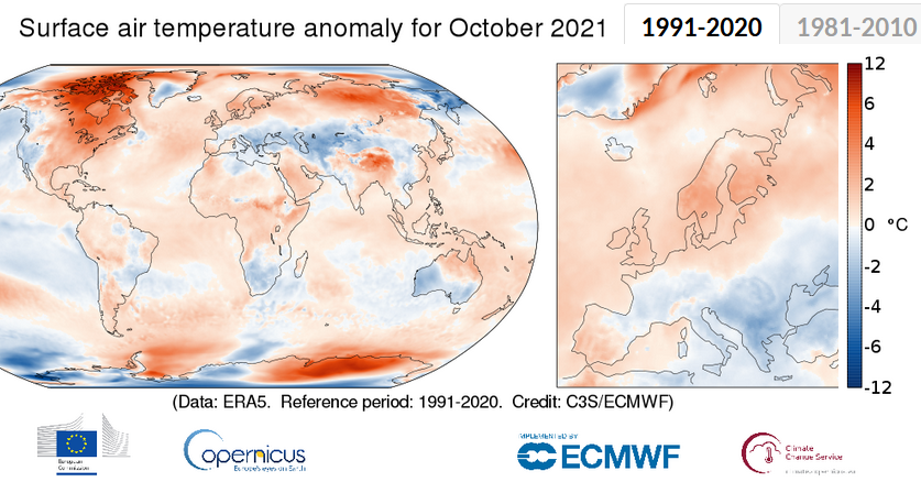 October 2021 globally third warmest