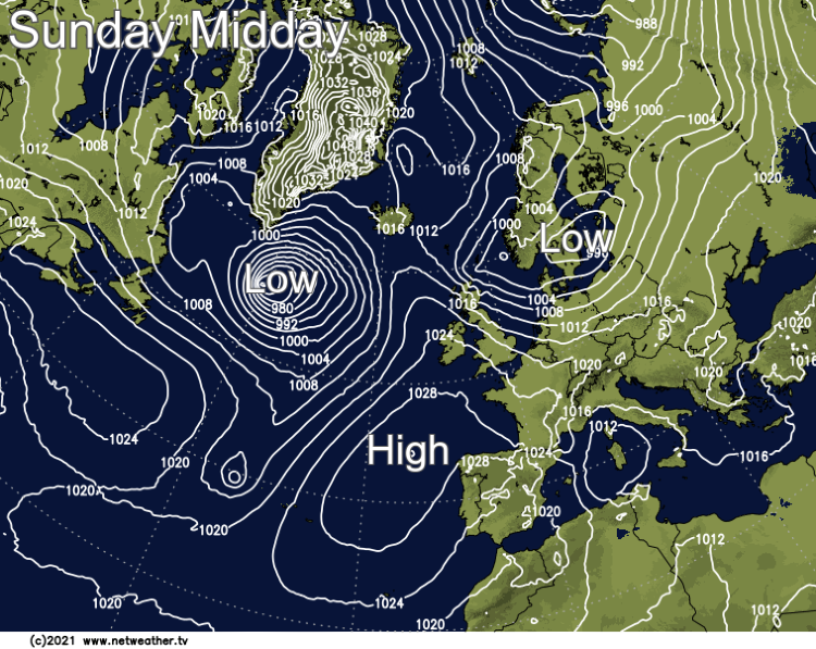 Pressure map for Sunday at 1200