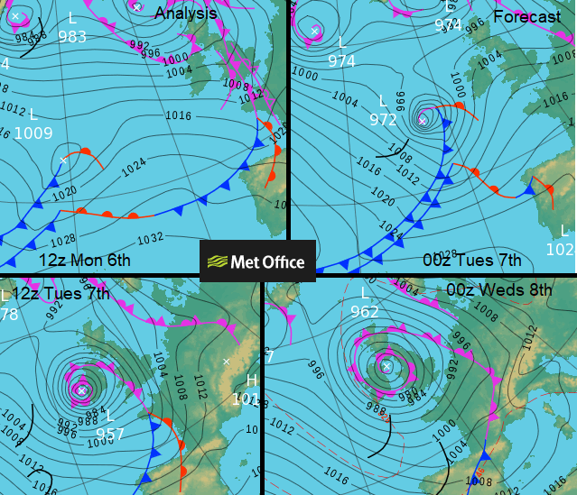 Met Office surface pressure charts Explosive cyclogenesis