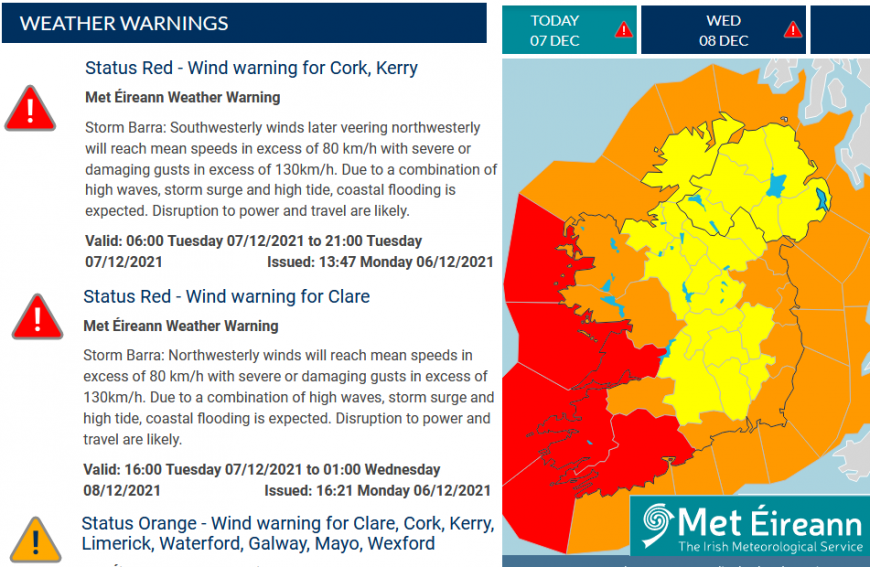 Storm Barra Met Eireann red warnings