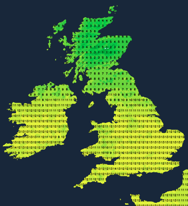 Temperatures on Sunday - much milder across England and Wales than recently