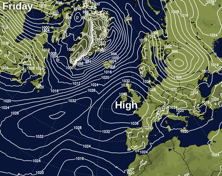 High pressure centred to the southwest of Britain on Friday