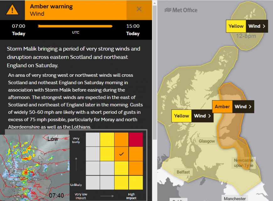Storm Malik UK amber warning winds