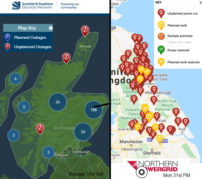 Power outages from SSEN and NOrthernPOwergrid