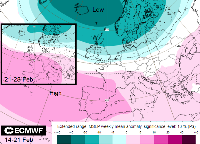 ECM charts pressure over Europe for Ski alpine weather