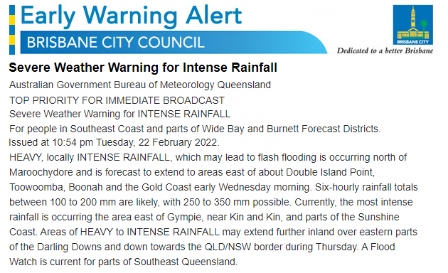 Brisbane flood and severe weather warning