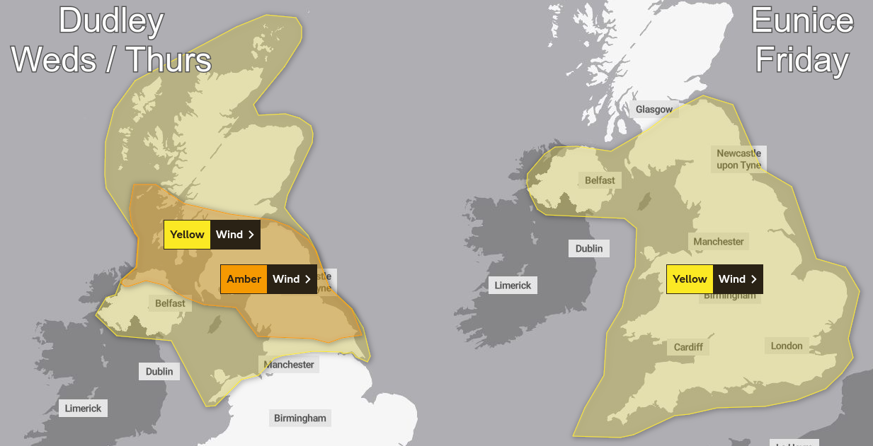 Met Office warnings for Storm Dudley and Storm Eunice