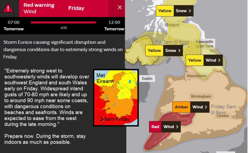 Red wind warning Eunice Cornwall Wales
