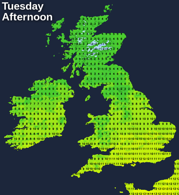 UKV chart showing temperatures on Tuesday afternoon