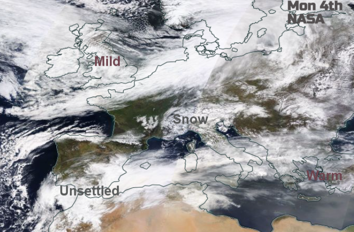 NASA world view of Europe alps snow