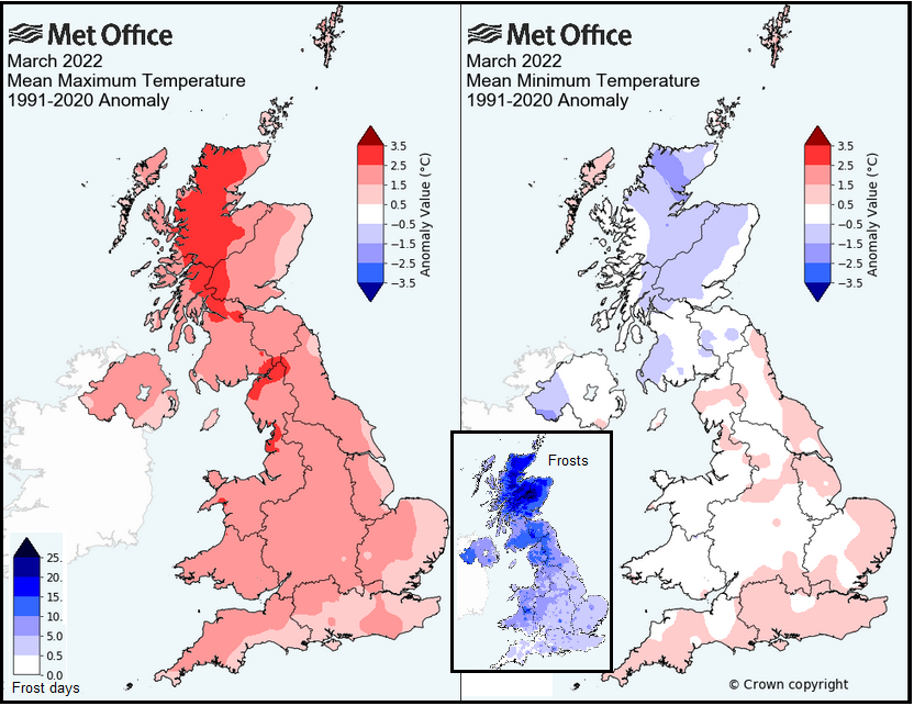 UK March temperatures day and night with frosts