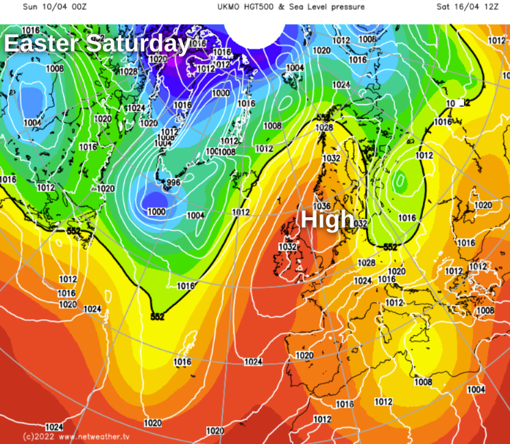 Weather map for Easter Saturday showing high pressure nearby to the UK
