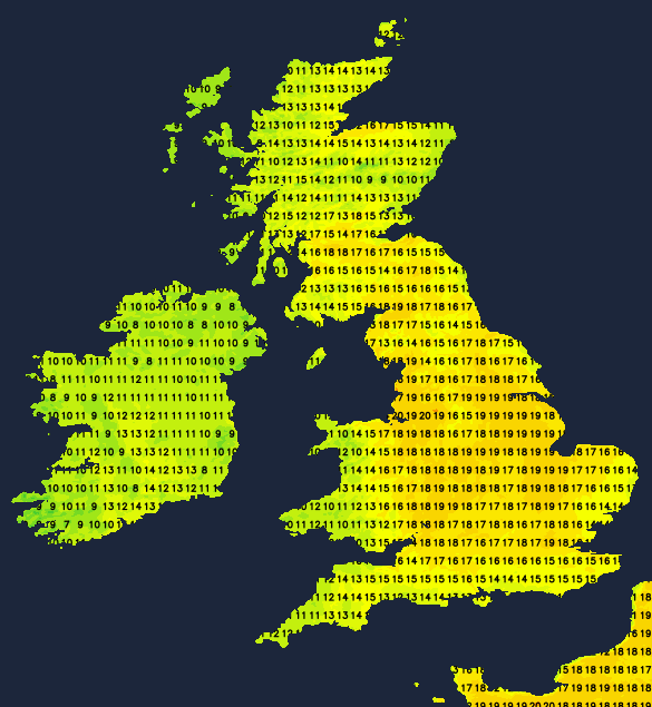 Temperature map for Easter Sunday