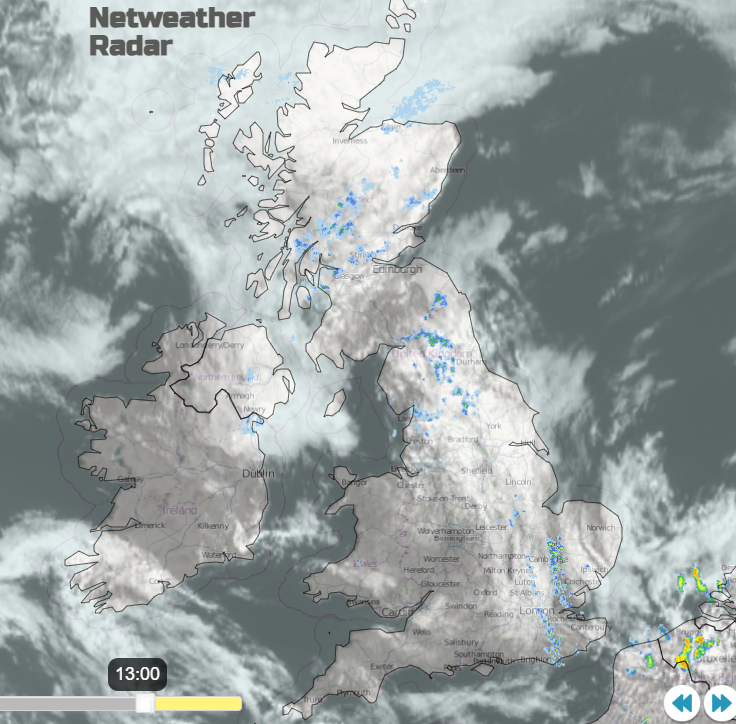 UK weather low cloud but gaps, a few showers