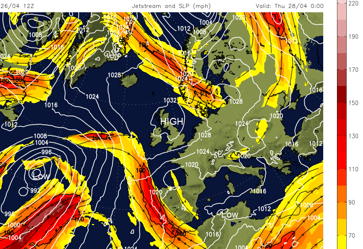 Atlantic jetstream chart with MSLP