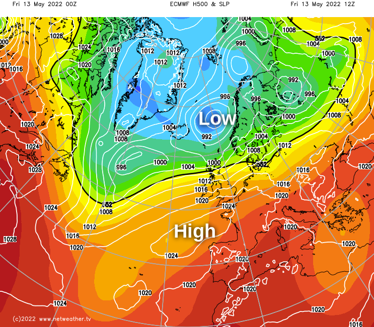 ECMWF chart showing high pressure to the south and low pressure to the north of the UK today
