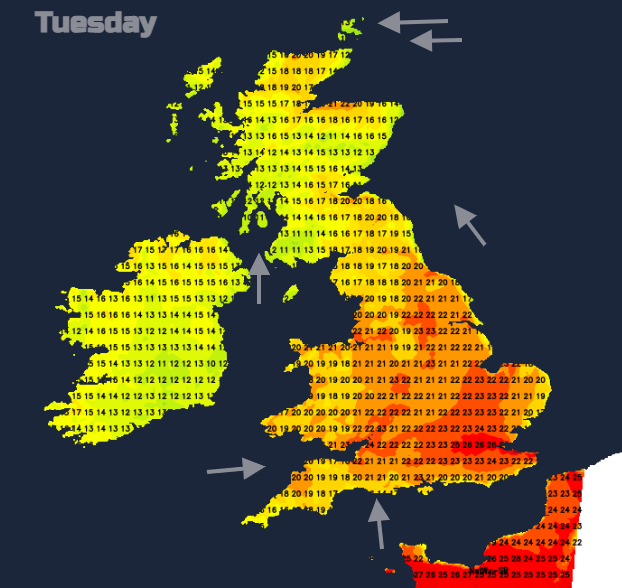 UK weather hot Tuesday