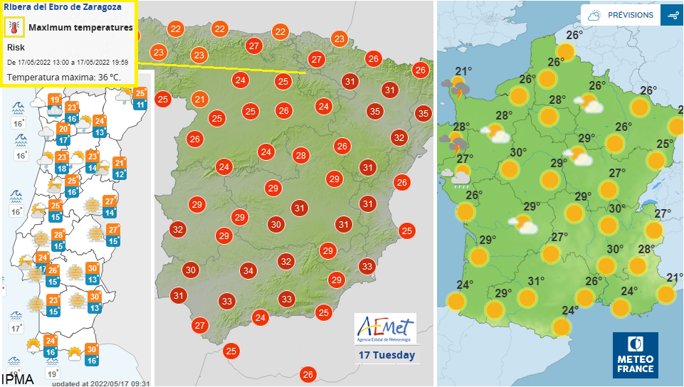 High temperatures Spain, Portugal and France