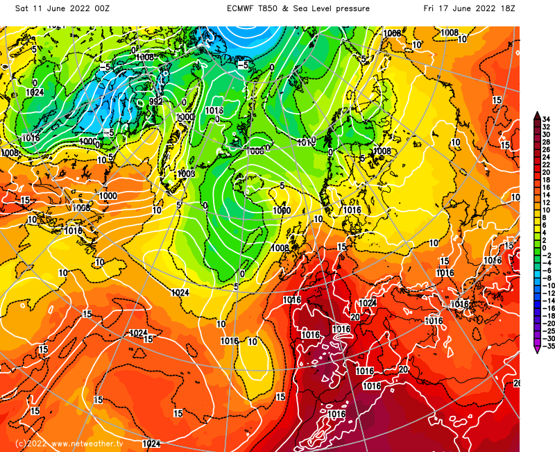 ECMWF map showing the heat moving north from the continent late next week