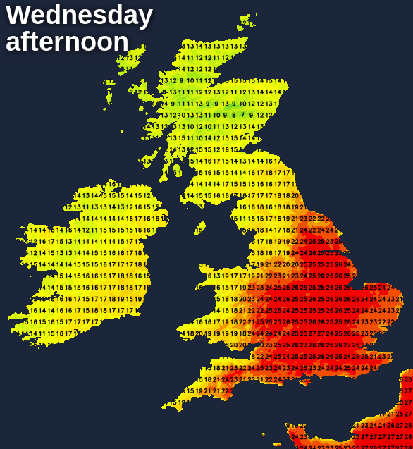 Temperatures reaching into the mid-high twenties across parts of England and Wales on Wednesday and Thursday 