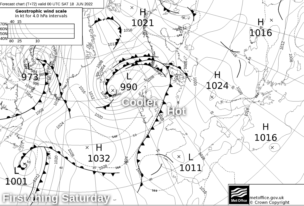 A front dividing the hot air to the south and cooler air to the north on Saturday