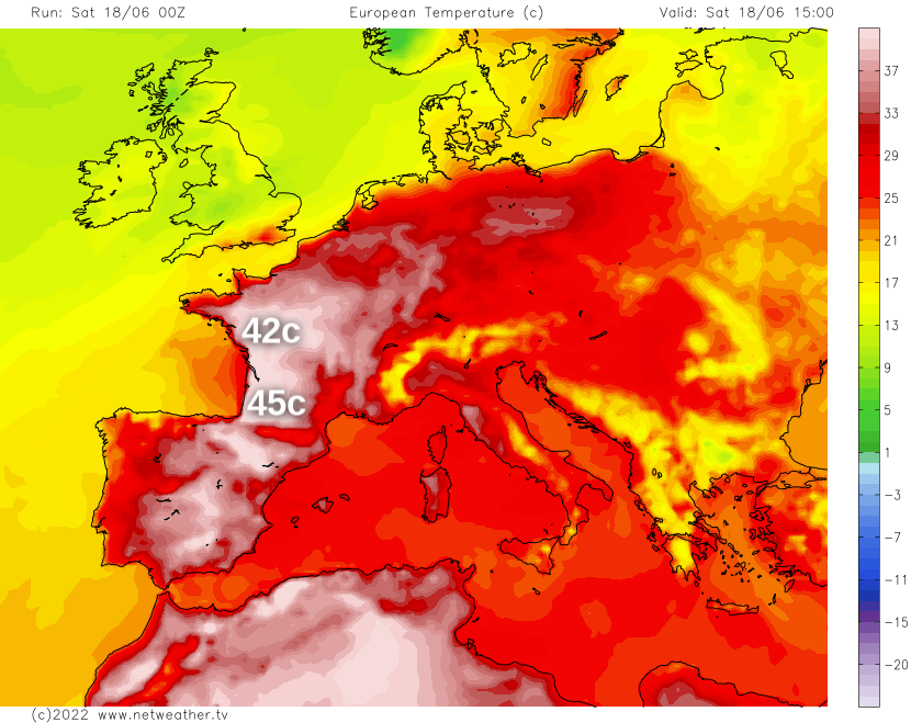 European heatwave continues with France seeing temperatures potentially exceeding 45c today