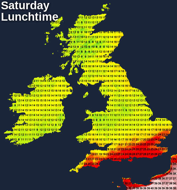 Temperatures at lunchtime on Saturday