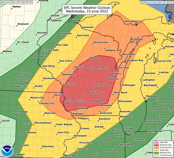 A moderate risk of severe weather was shown for day 5
