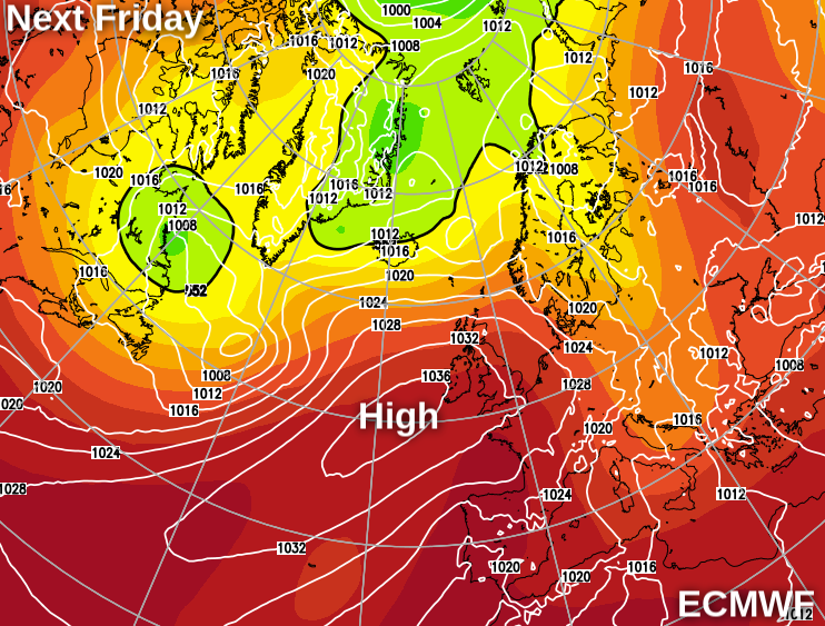 Weather map for next Friday from the ECMWF showing high pressure over the UK