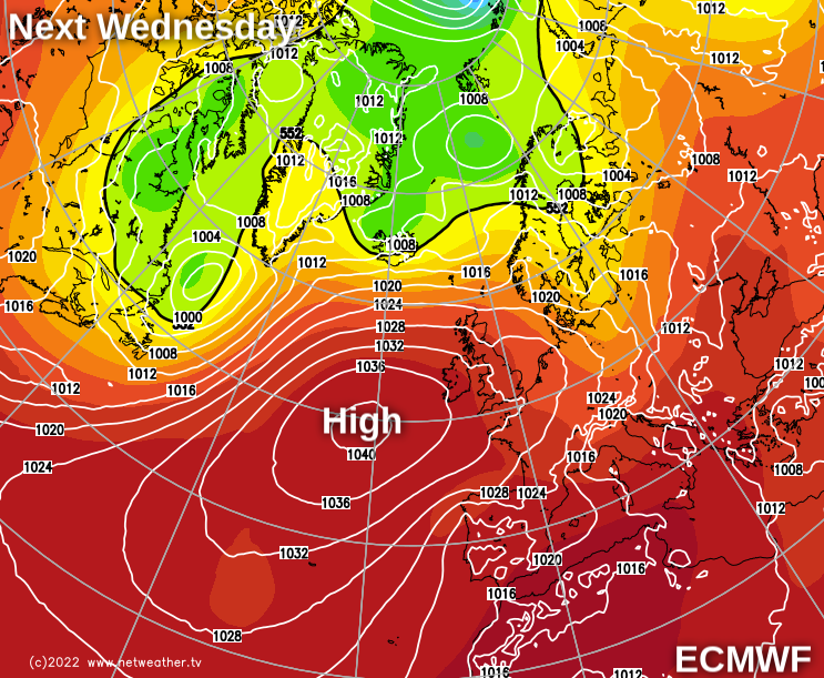 ECMWF showing the Azores high ridging over the UK next week