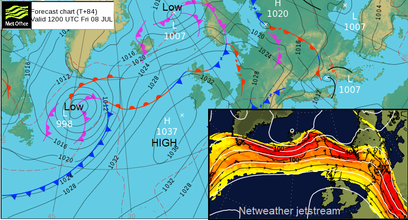 Europe and jetstream with showers for Scandinavia